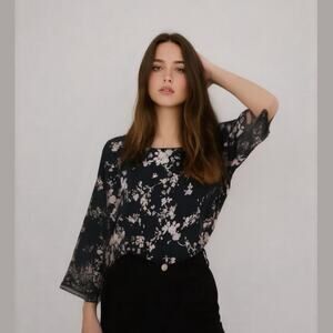 Karl Lagerfeld Black Pink Floral Long Flared Ruffle Sleeve Career Blouse Top S